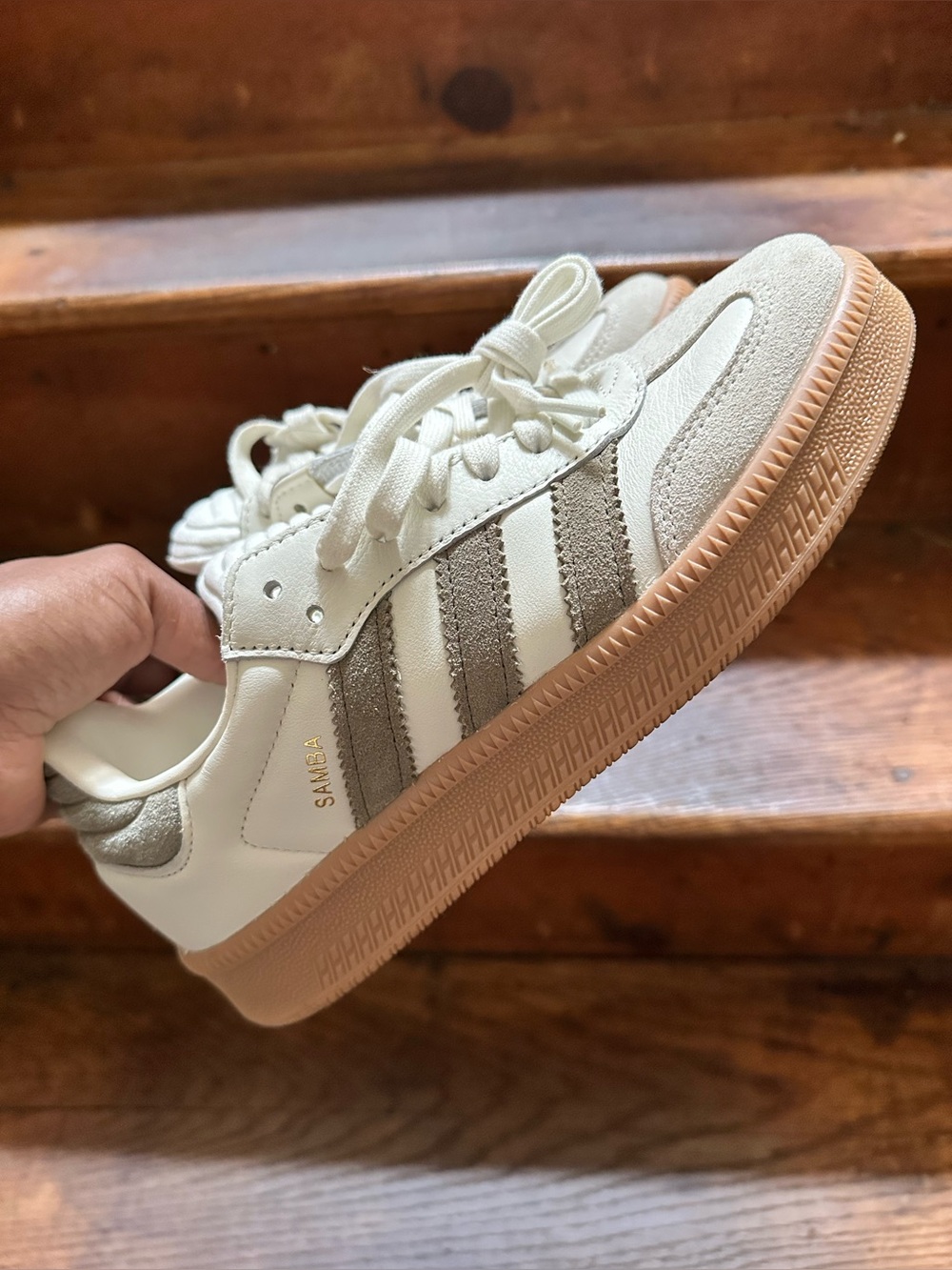 adidas Samba Low-Profile Sneakers in White and Taupe with Gum Sole
